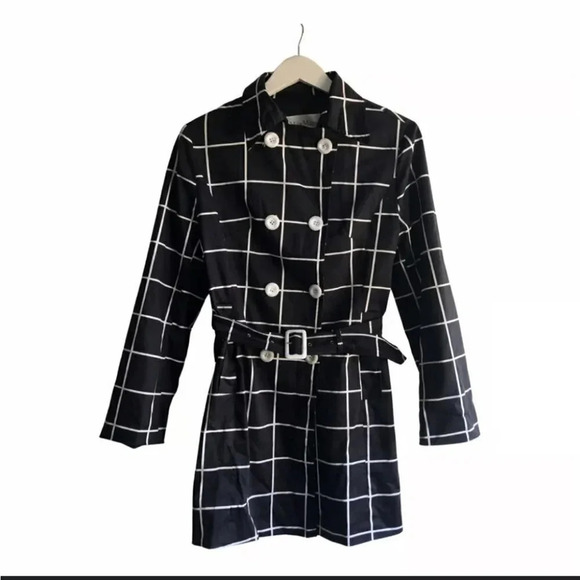 [XL]MaxMara Double  Breasted Black/White Cotton Mid-Length Belted Trench Coat - Picture 1 of 6